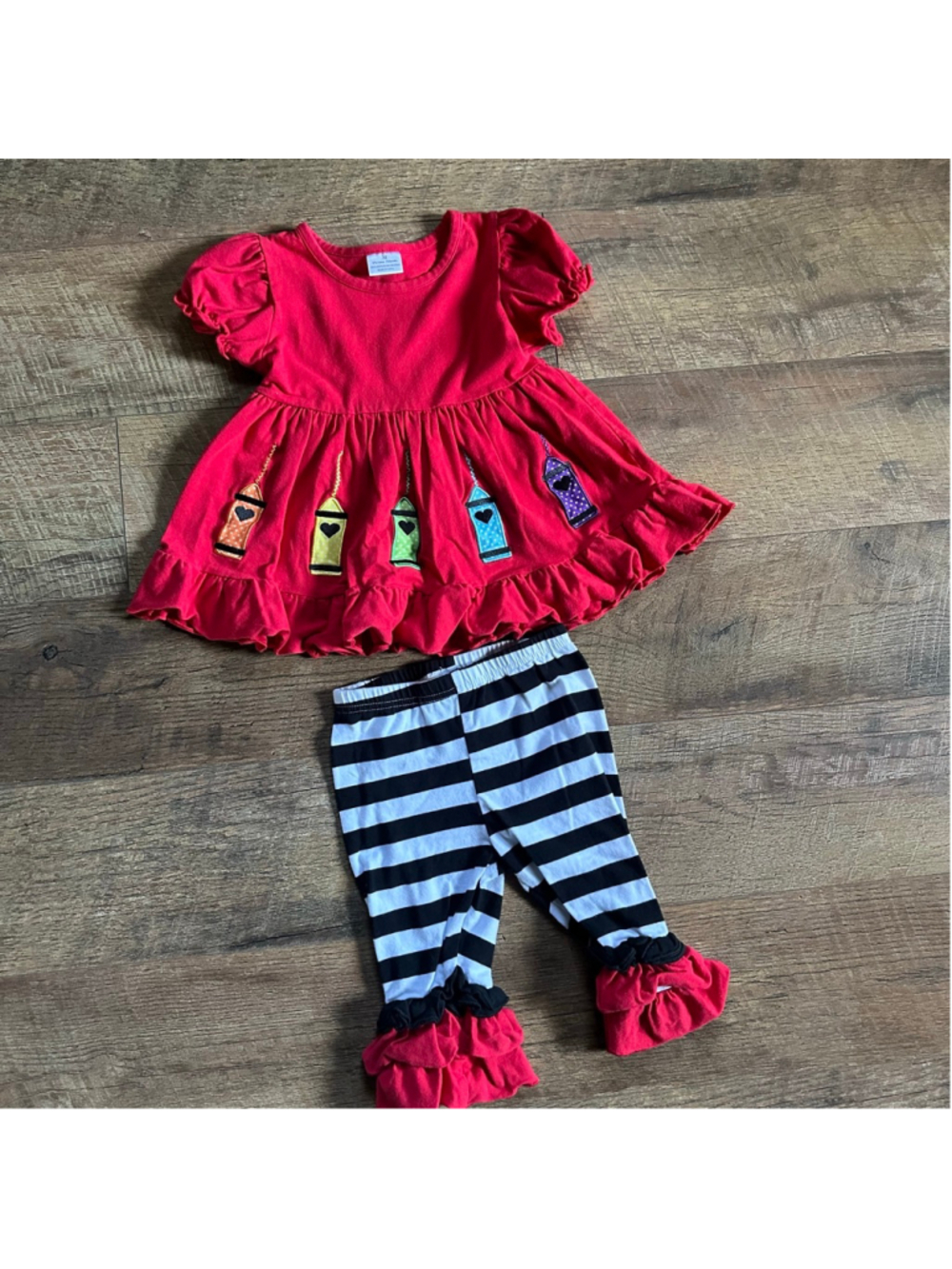 Girls boutique Matching Set M Red Black Crayon Dress Leggings
